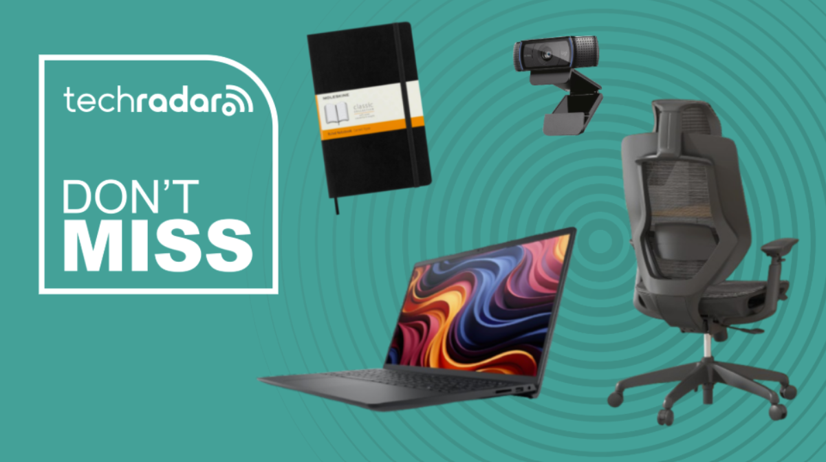 Laptop, office chair, webcam, and notebook on a cyan background next to a TechRadar badge that reads 'Don't Miss'