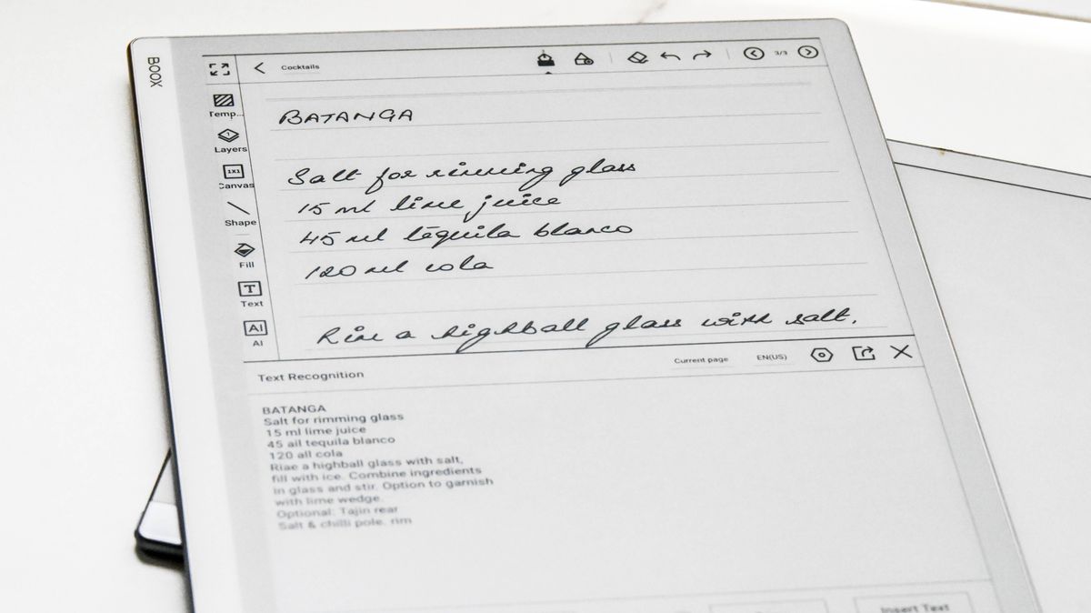 A note with handwriting recognition enabled on the Onyx Boox Go 10.3 tablet