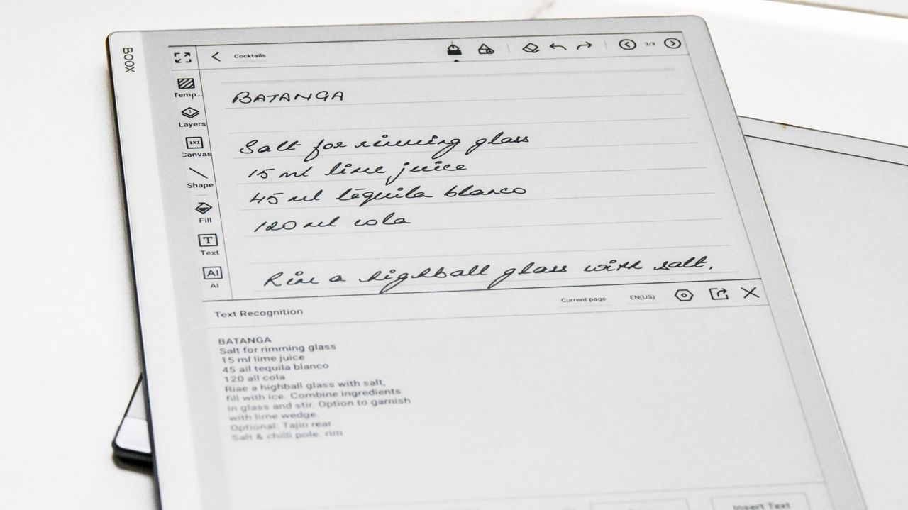 A note with handwriting recognition enabled on the Onyx Boox Go 10.3 tablet