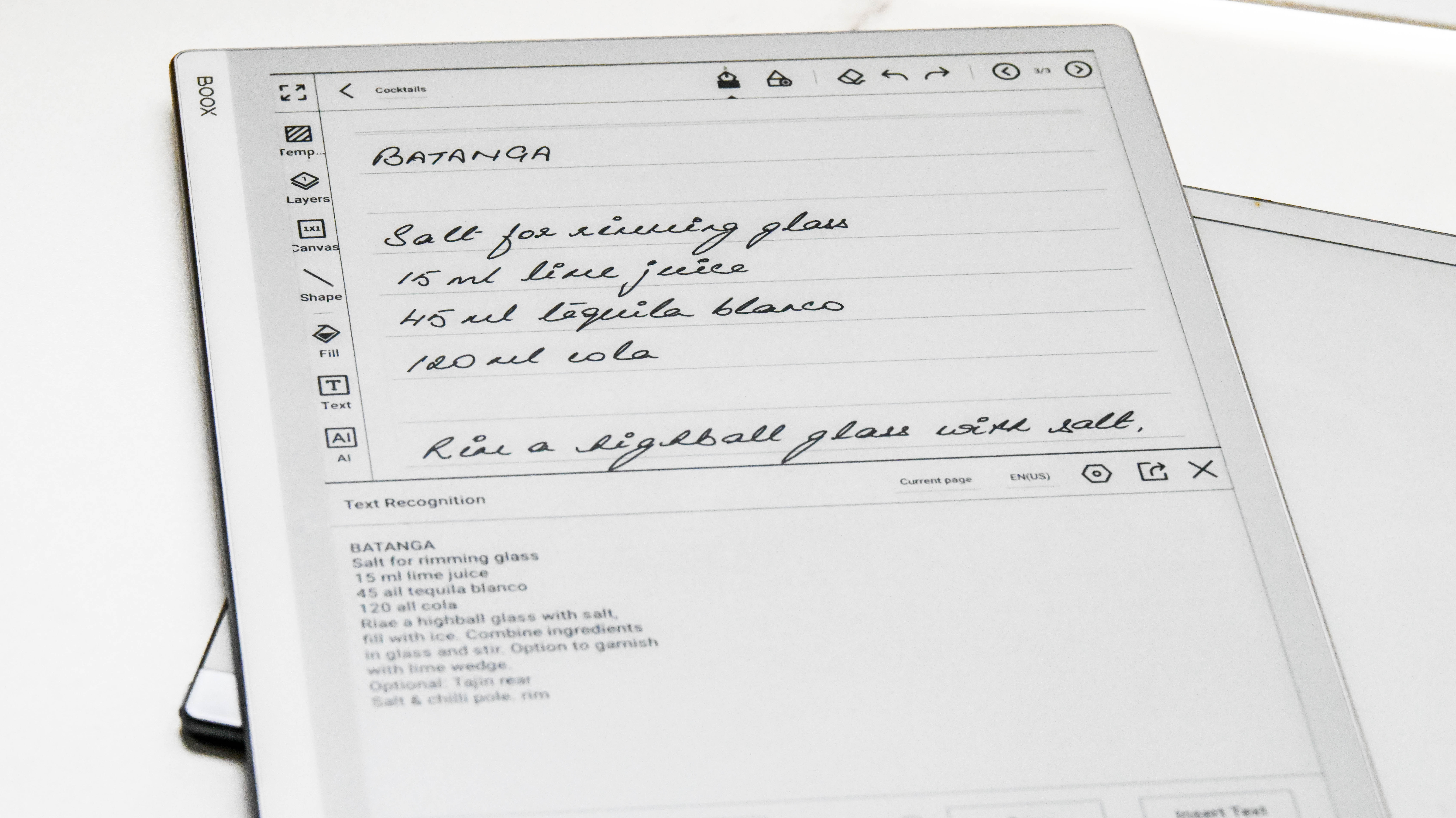 A note with handwriting recognition enabled on the Onyx Boox Go 10.3 tablet