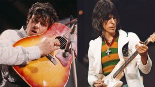 LEFT: Scottish singer-songwriter and guitarist Donovan, UK, 1969. RIGHT: English guitarist Jeff Beck plays a Fender Stratocaster guitar as he performs with hard rock supergroup Beck, Bogert & Appice at the 'Rock At The Oval' festival, London, 16th September 1972.