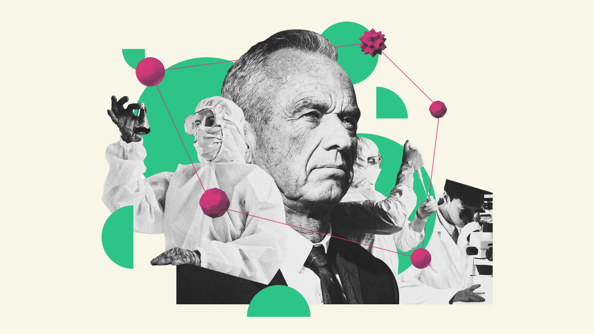 Photo composite illustration of RFK Jr, vaccine researchers and viral cells