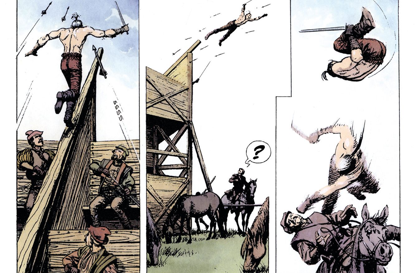 A shirtless Geralt of Rivia leaps from a grandstand onto a horse while under fire.