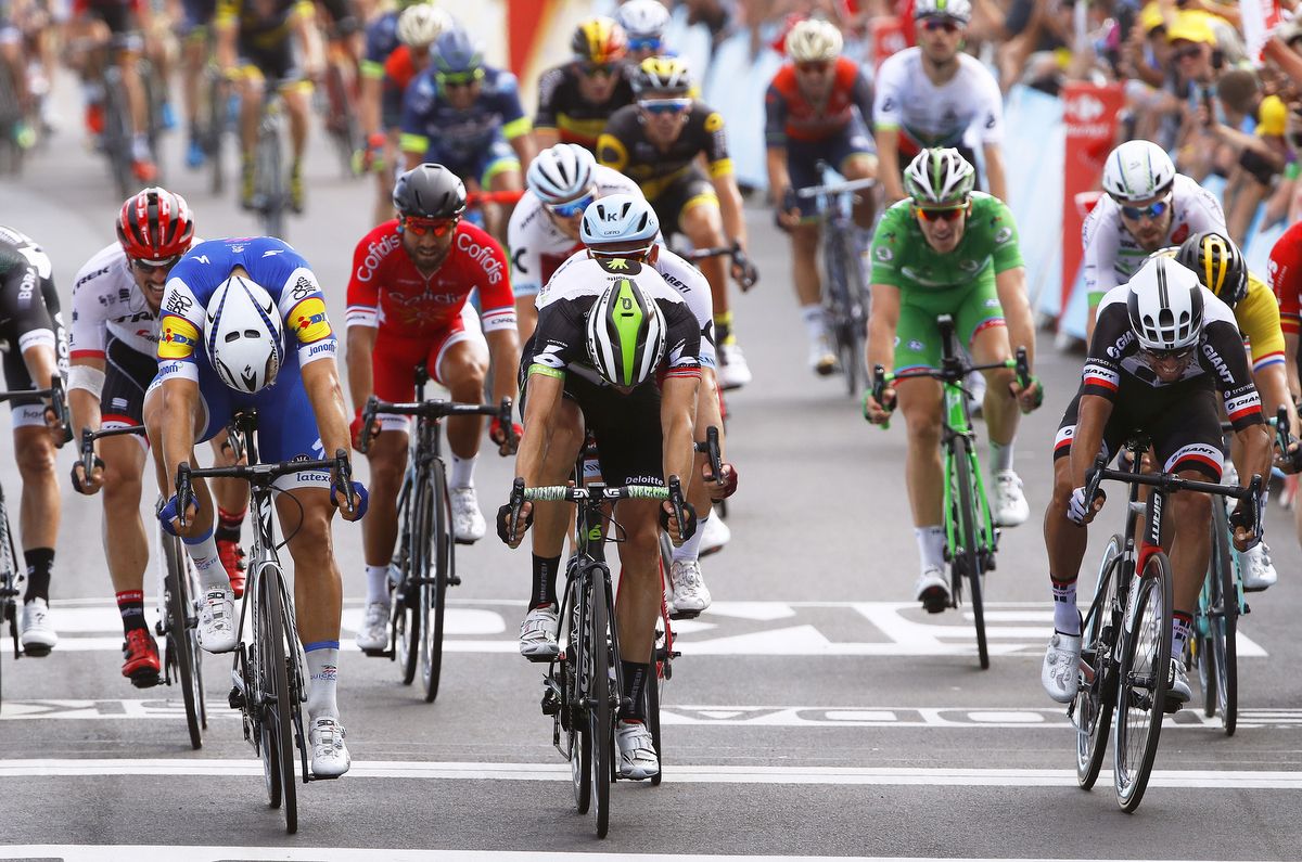 Michael Matthews (Team Sunweb), right, takes third place on stage 7