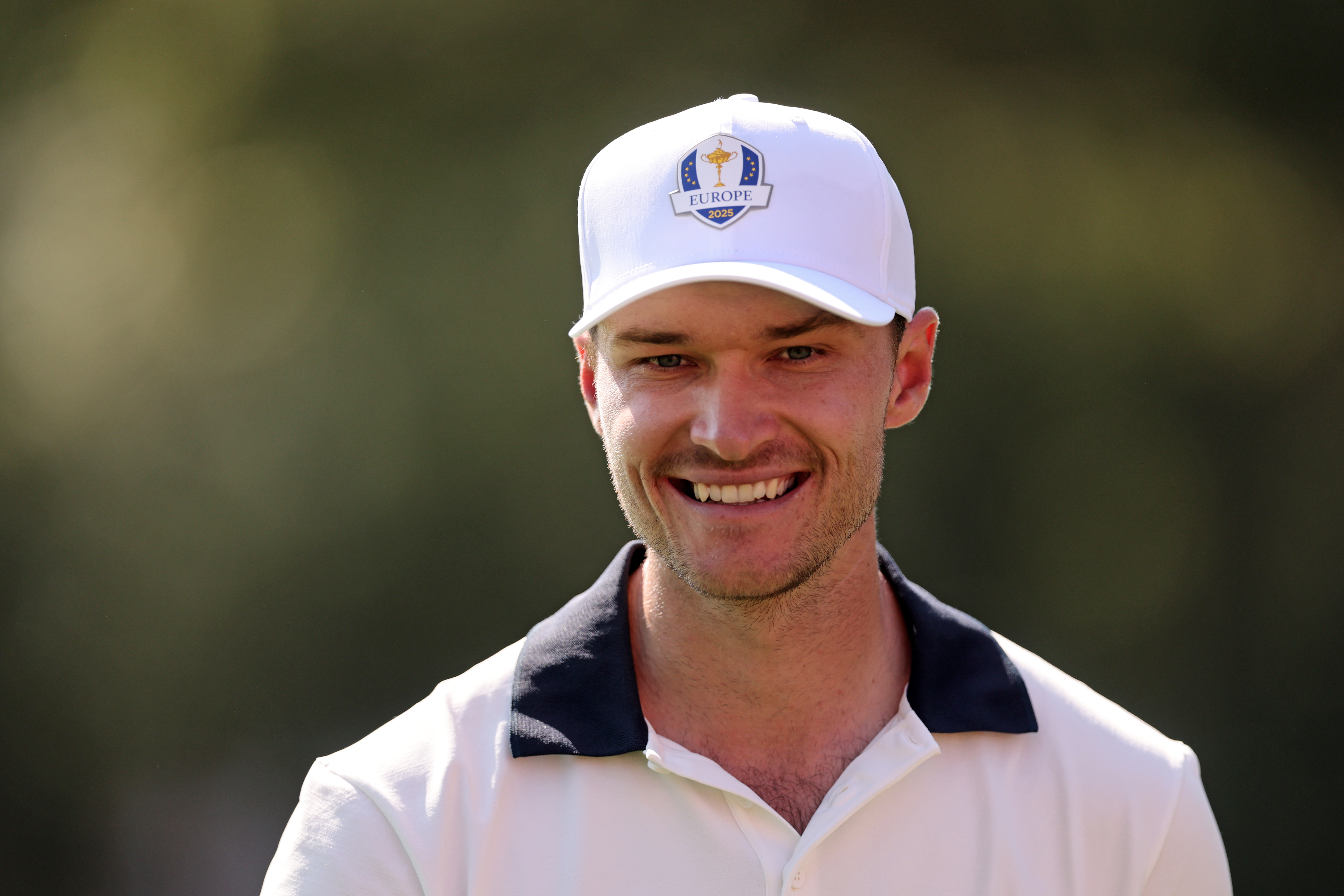 Rasmus Hojgaard smiling during the 2025 Ryder Cup final day