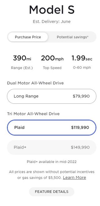 Screengrab of Tesla Model S Plaid and Plaid+ order page