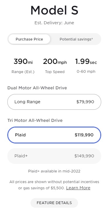 Screengrab of Tesla Model S Plaid and Plaid+ order page