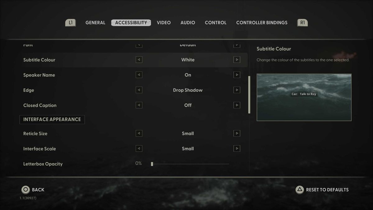 Screenshots of the accessibility menu from the video game Still Wakes the Deep
