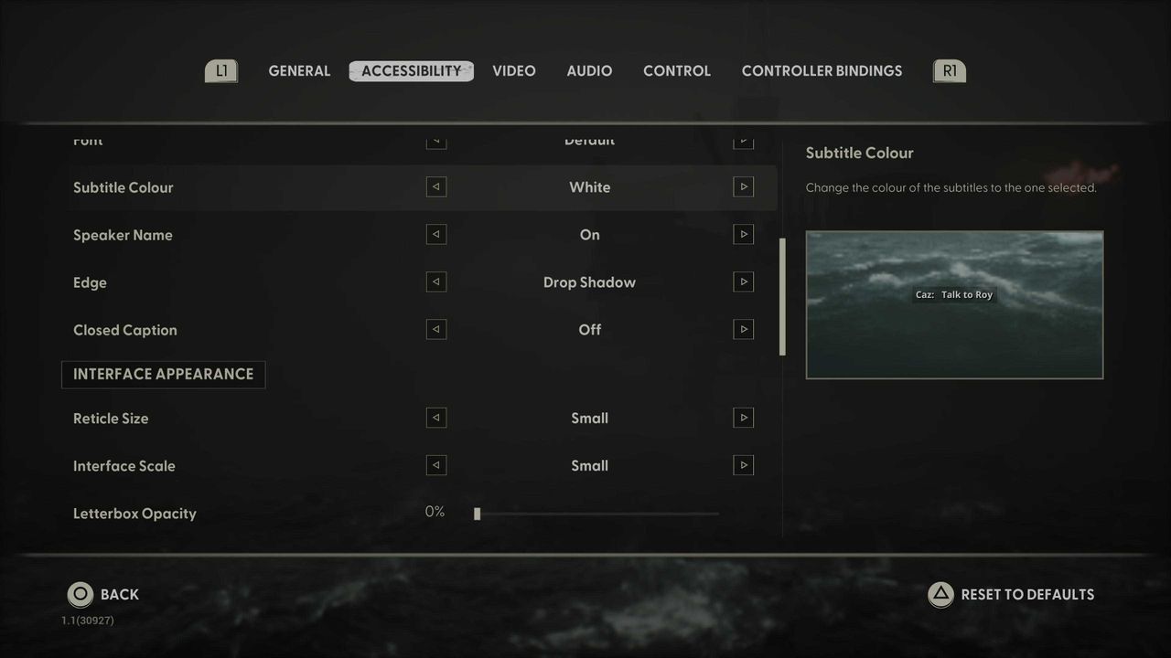 Screenshots of the accessibility menu from the video game Still Wakes the Deep