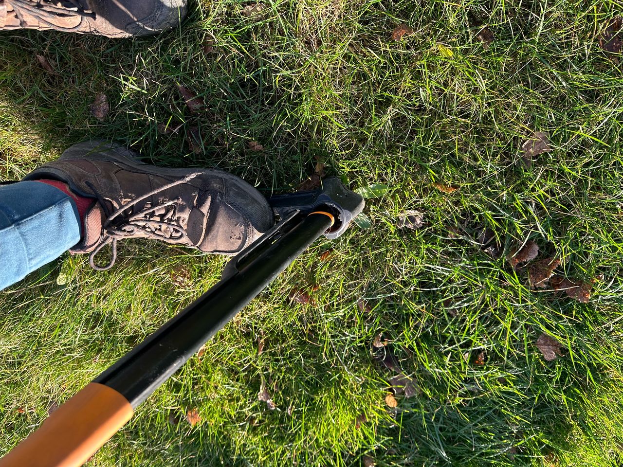 The Fiskars weed tool being tilted