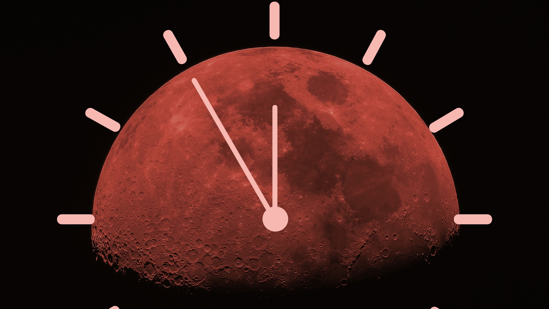 graphic showing close up blood red moon during total lunar eclipse. there is a vector graphic of a clock face overlaid on top.