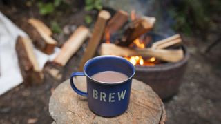 A mug of hot chocolate and a campfire
