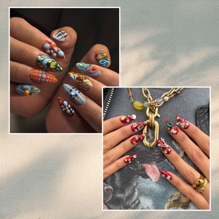 two maximalist summer manicures on a yellow and blue background