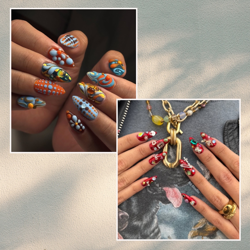 two maximalist summer manicures on a yellow and blue background