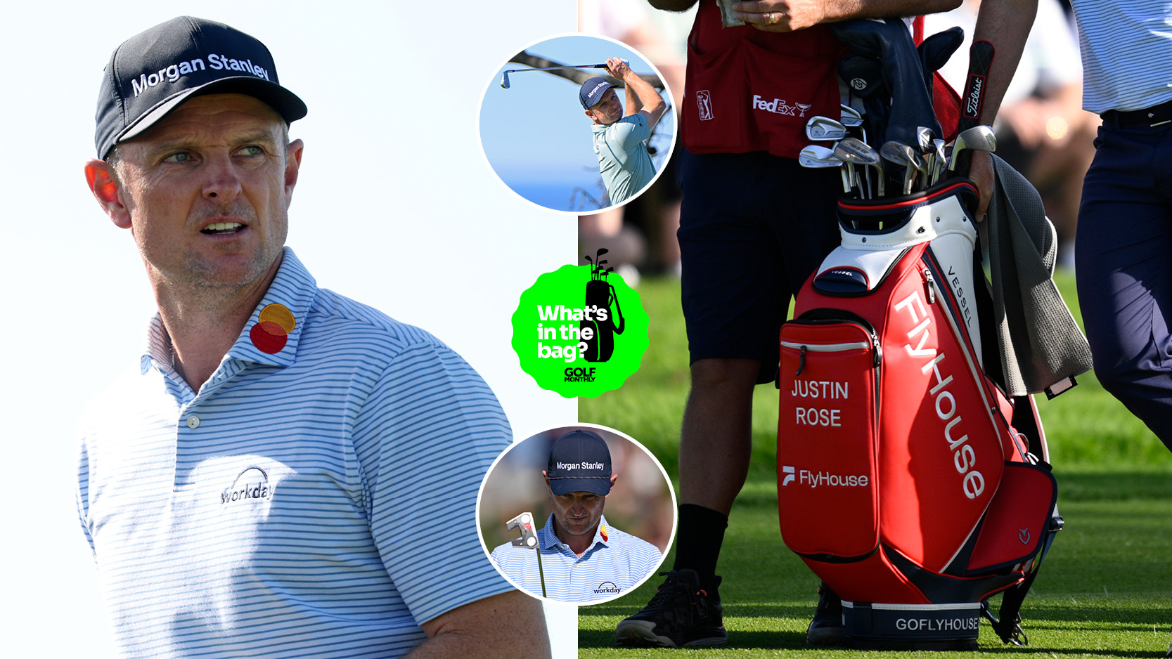 Justin Rose looks into the distance with a close up of his bag