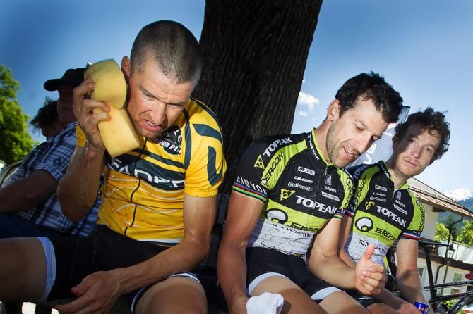 Christoph Sauser gets cleaned up after winning the stage