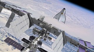 Artist's rendering of Orbital Sciences' proposed crewed space vehicle, Prometheus, berthing with the International Space Station