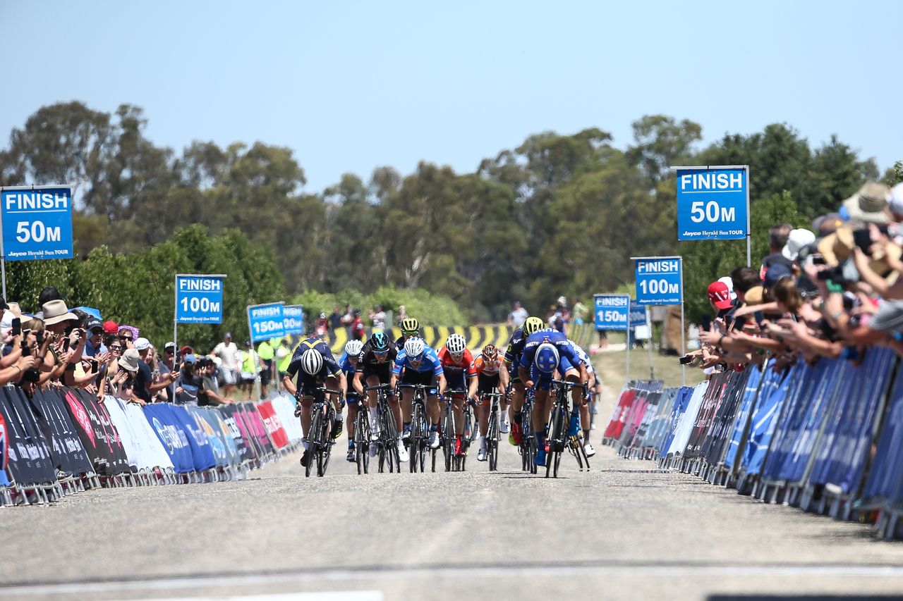 Travis McCabe sprinting to stage 3 victory