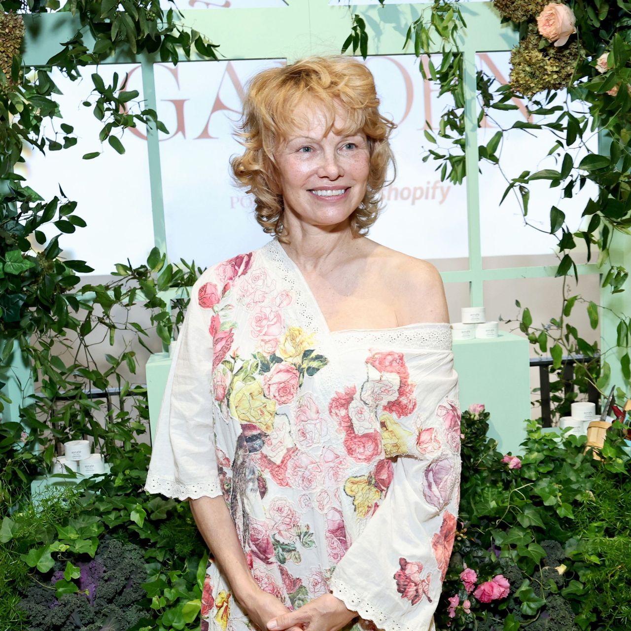 Pamela Anderson poses inside Pamela Anderson&#039;s &quot;Sonsie Garden&quot; with Shopify on October 24, 2025 in New York City. (Photo by Jamie McCarthy/Getty Images for Shopify)
