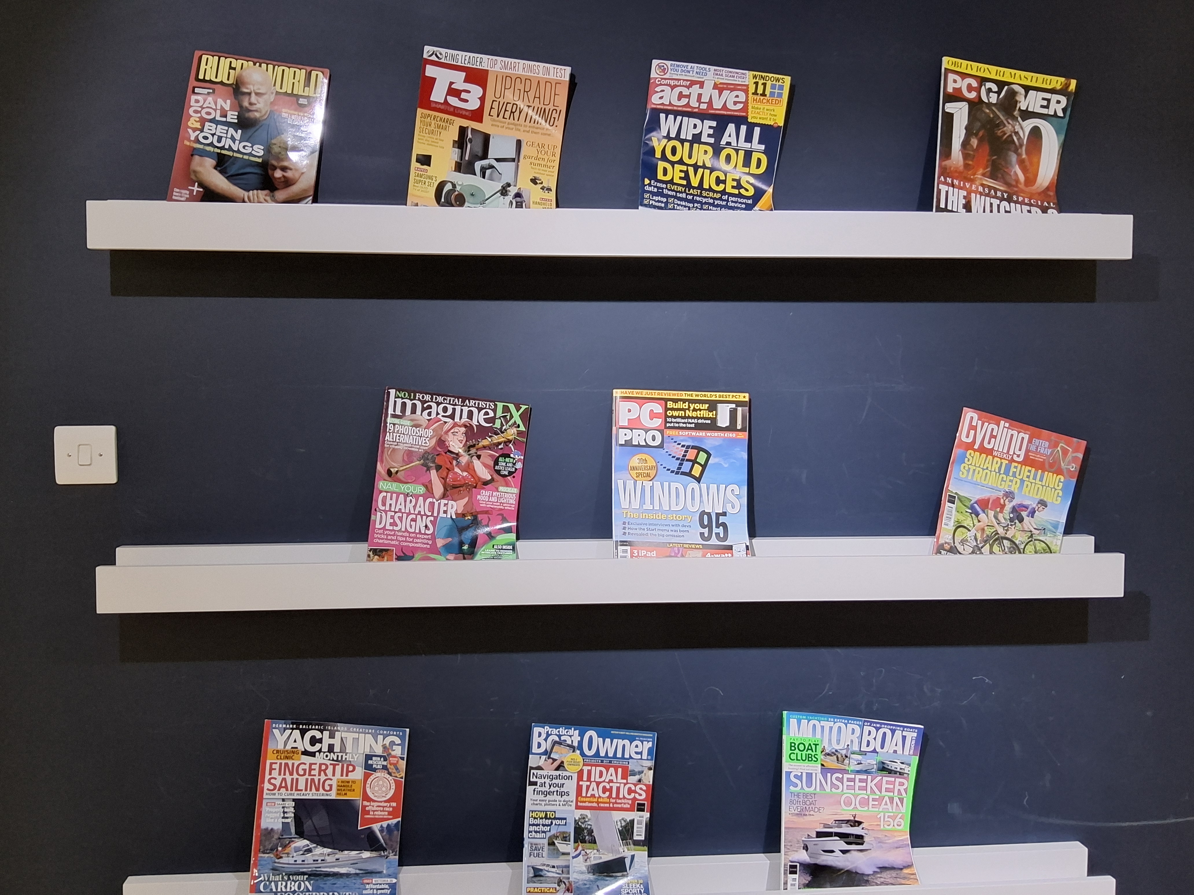 Magazines on shelves