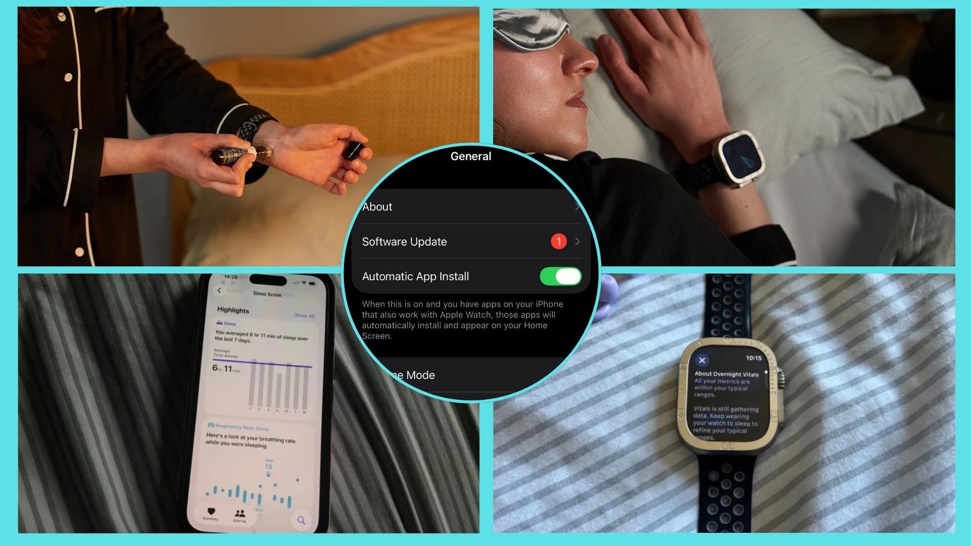 A five-picture collage of the Apple Watch being used for sleep tracking. 