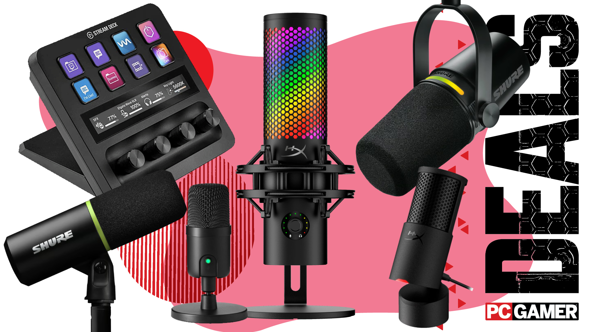 A selection of gaming microphones and recording accessories on a pink and white deals background