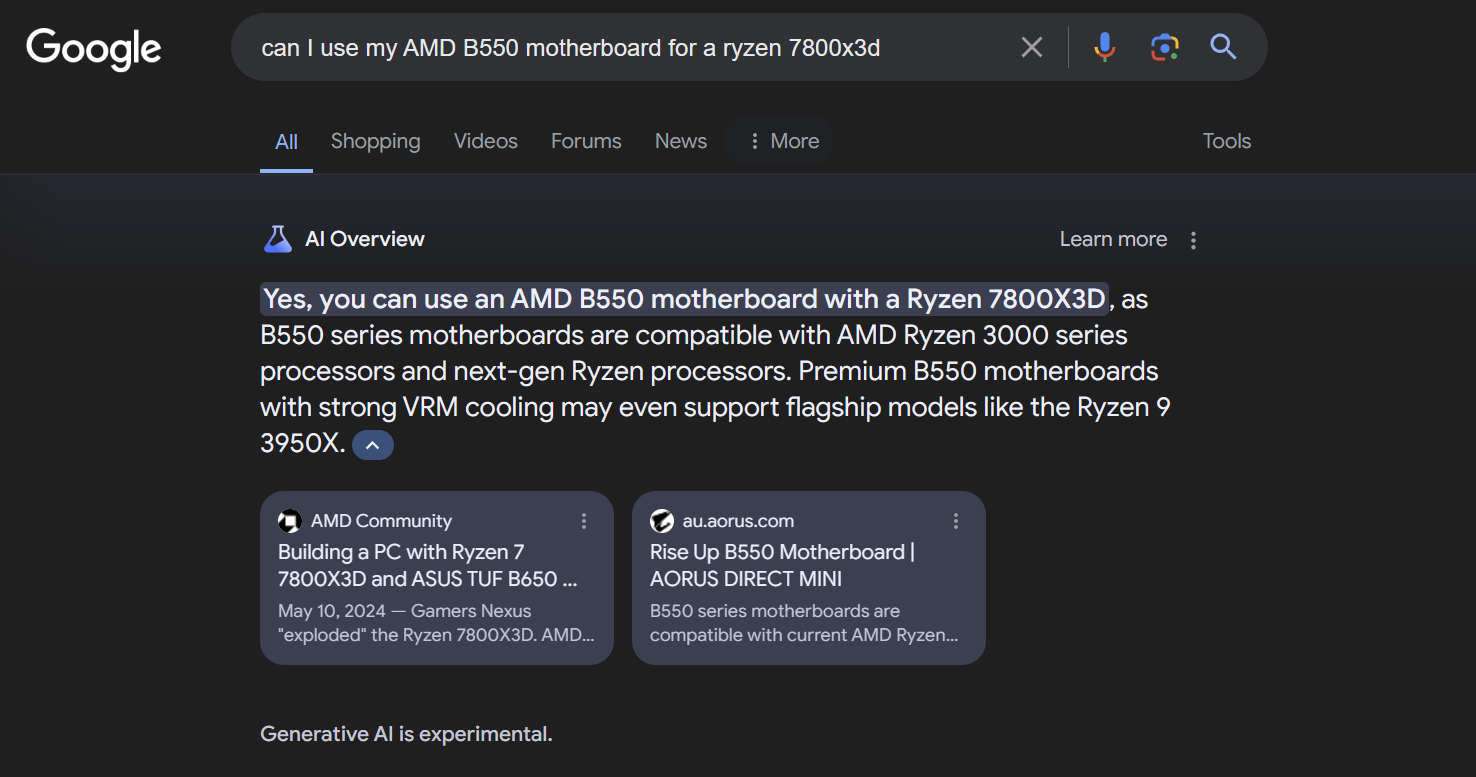 can I use my AMD B550 motherboard for a ryzen 7800X3D - bad Google AI overview
