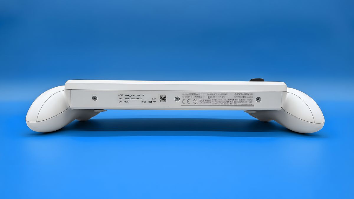 Xbox Ally laying on its back with the bottom toward the viewer.