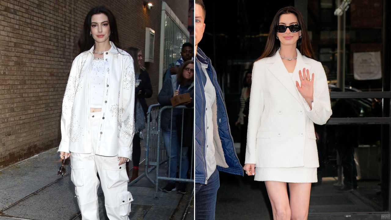 Anne Hathaway in two white outfits