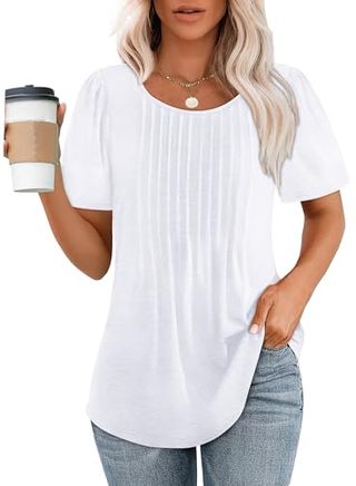 White T Shirts for Women Summer Short Sleeve Tops Pleated Oversized Shirts M