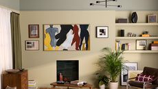 A living room interior featuring a Samsung The Frame TV