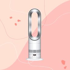 dyson hot+cool pre heat heater and cooling fan on a pink graphic background