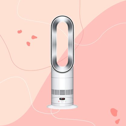 dyson hot+cool pre heat heater and cooling fan on a pink graphic background