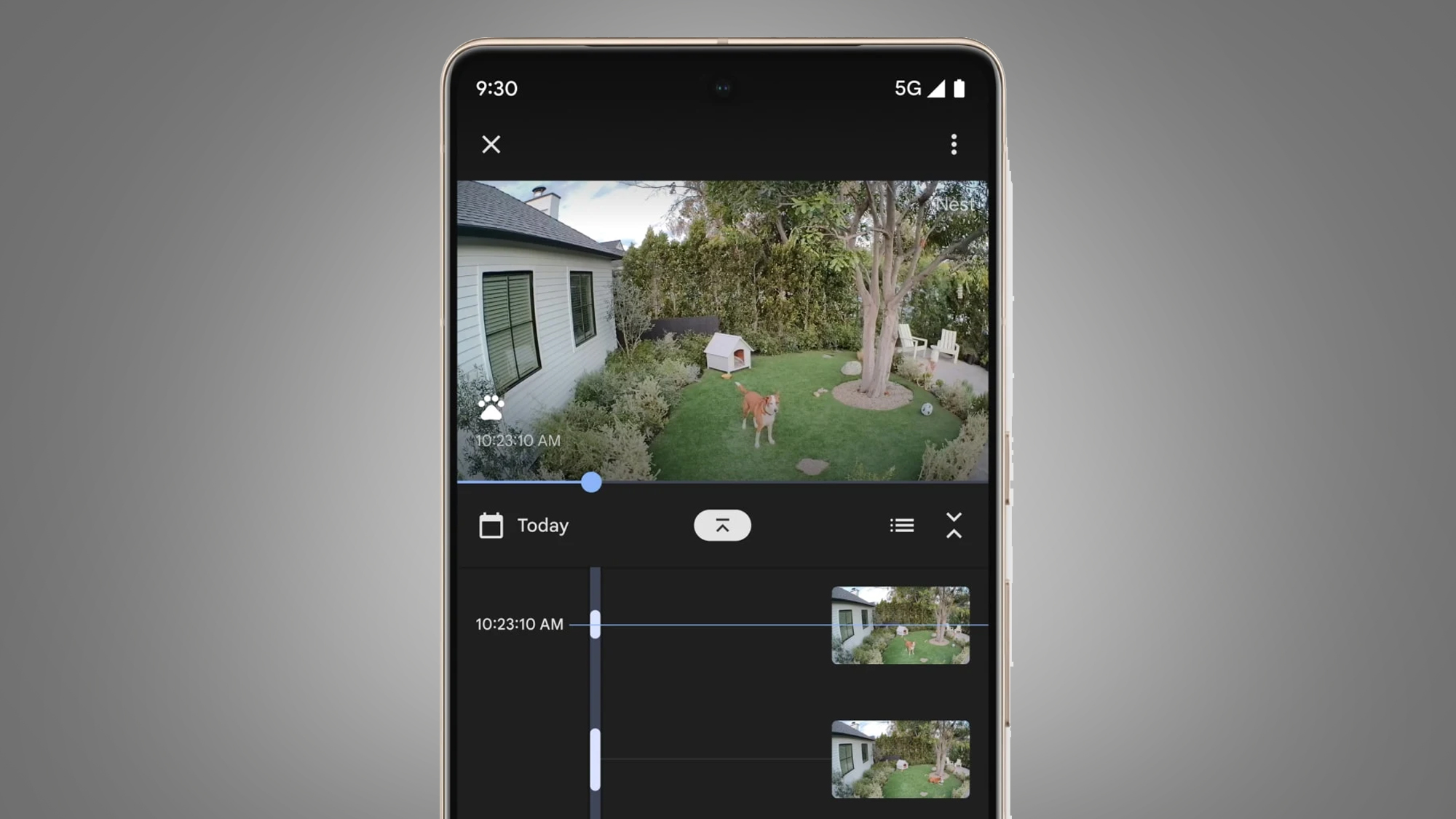 A phone on a grey background showing the video history from a Google Nest security camera