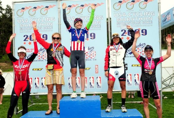 Women's podium- (L to R) Heather Holmes (Kenda) 5th, Gretchen Reeves (Tokyo Joe's) 3rd, Heather Irmiger (Gary Fisher/Subaru) 1st, Pua Sawicki (Ellsworth) 2nd, Krista Park (Incycle) 4th.