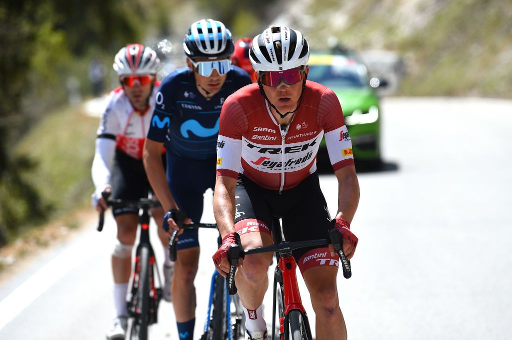 ZINAL VAL DANNIVIERS SWITZERLAND APRIL 30 Toms Skujins of Latvia and Team Trek Segafredo competes in the breakaway during the 75th Tour De Romandie 2022 Stage 4 a 1801km stage from Aigle to Zinal Val dAnniviers 1664m TDR2022 on April 30 2022 in Zinal Val dAnniviers Switzerland Photo by Dario BelingheriGetty Images