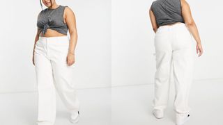 composite of model wearing asos curve off white skater straight leg jeans