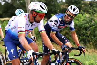 MOULINS FRANCE JULY 12 LR Peter Sagan of Slovakia and Team TotalEnergies and Julian Alaphilippe of France and Team Soudal Quick Step compete during the stage eleven of the 110th Tour de France 2023 a 1798km from ClermontFerrand to Moulins UCIWT on July 12 2023 in Moulins France Photo by Michael SteeleGetty Images
