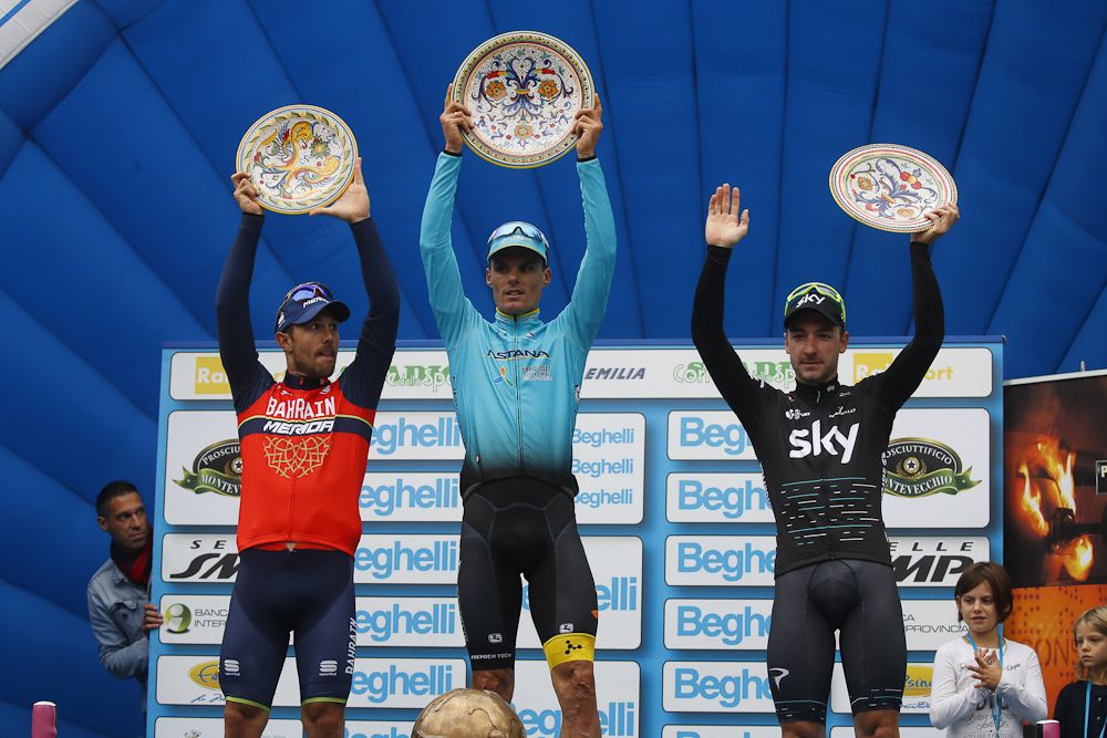 Colbrelli, sanchez and Viviani on the Gran Premio Bruno Beghelli podium
