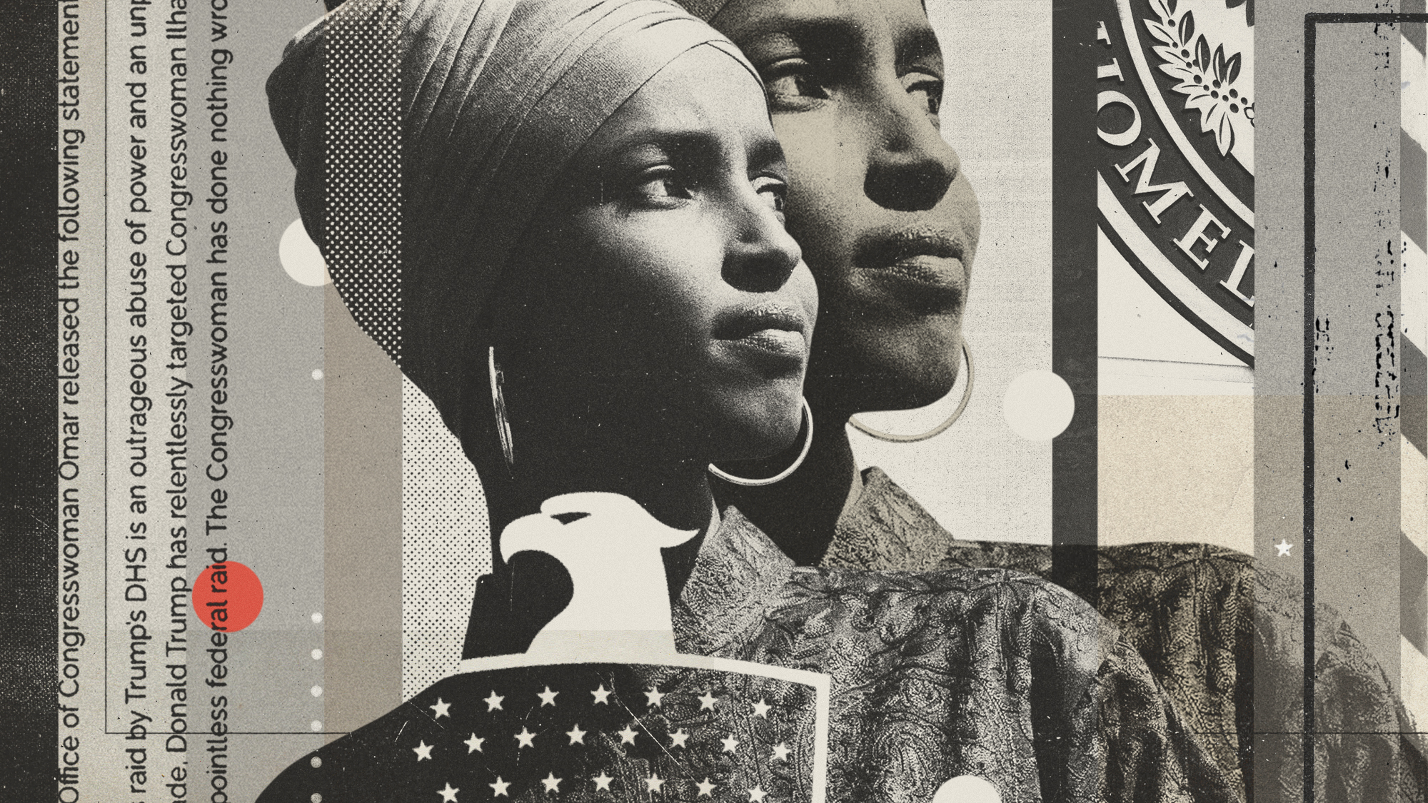 Photo collage illustration of Representative llhan Omar