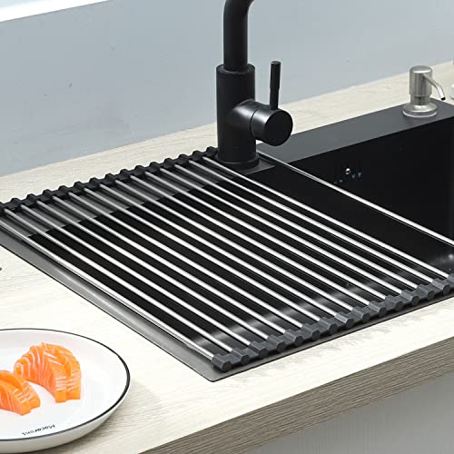 Viwavee Dish Drainer Rack, Foldable and Removable Stainless Steel Dish Drying Over the Sink, Drying Mat, Sink Drainer Rack for Cups, Fruit, Vegetables, Super Kitchen Organiser (black 43 * 35cm)