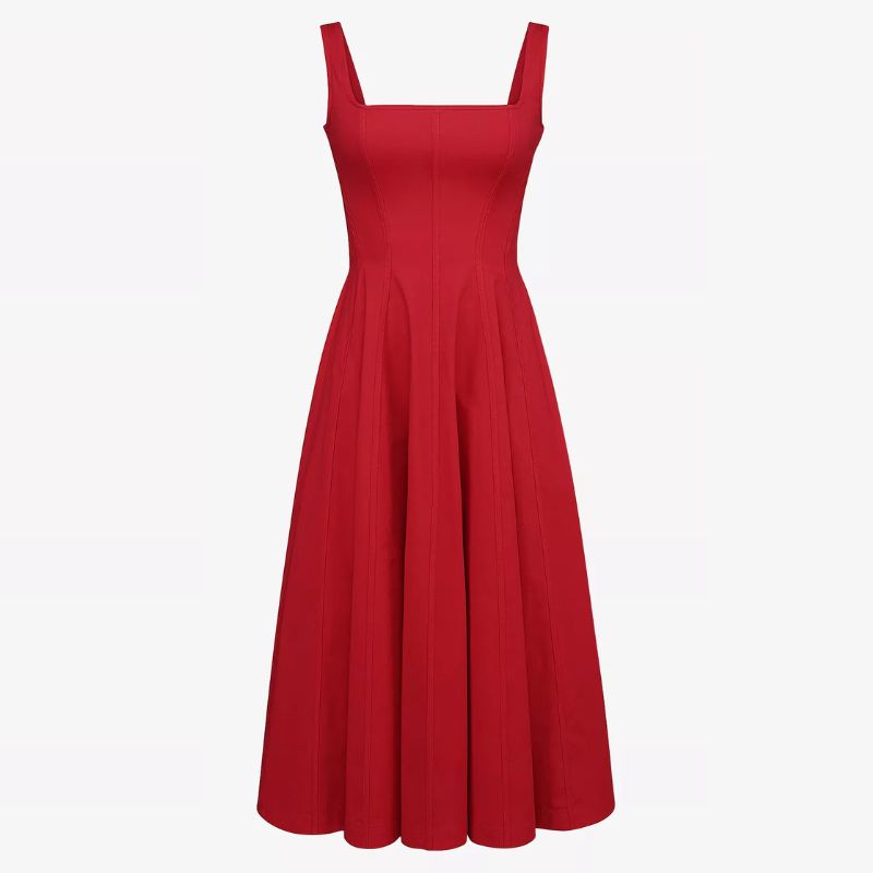 red midi dress with straight neckline and voluminous skirt