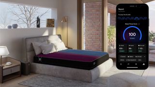 Eight Sleep Pod 4 on bed with suede bed base in light bedroom with iPhone icon showing sleep metrics in Eight Sleep app