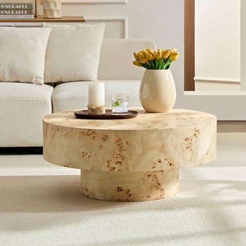 Dreamodern 31.49&quot; Round Coffee Table With Burl Wood Veneer &amp;amp; Sturdy Pedestal, Modern Luxury Circle Drum Center Table, Accent Side Table End Table for Living Room Apartment, Natural