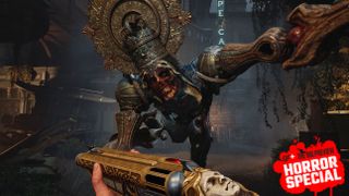 A screenshot shows a large mannequin monster reaching toward the player holding a gun in first person