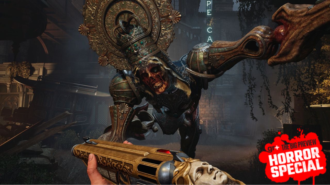 A screenshot shows a large mannequin monster reaching toward the player holding a gun in first person