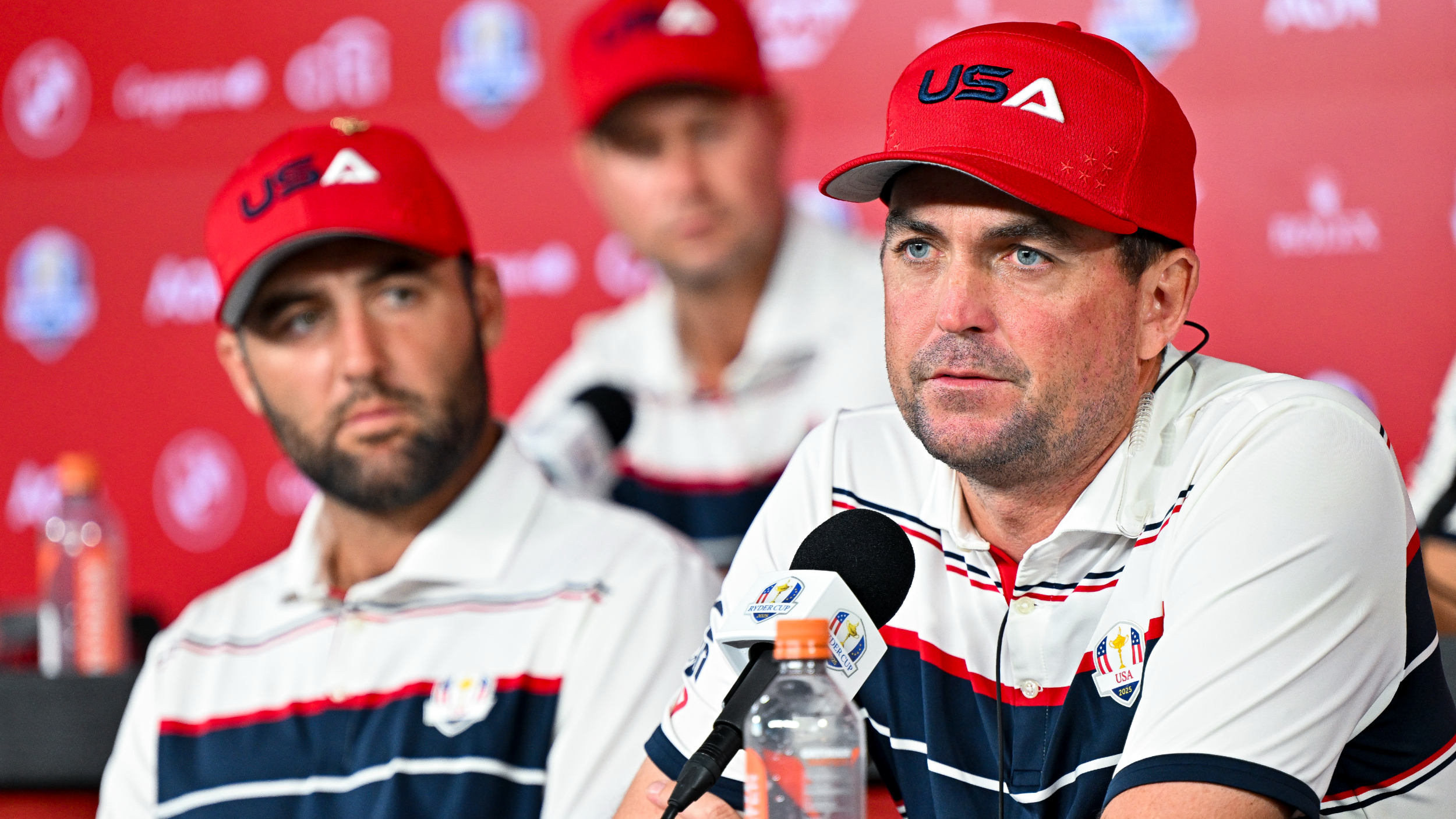 Keegan Bradley talks to the media