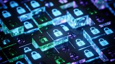 Cybersecurity concept image showing digital data storage modules with padlock symbols in a storage environment.