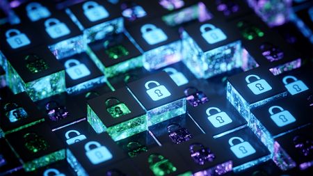 Cybersecurity concept image showing digital data storage modules with padlock symbols in a storage environment.