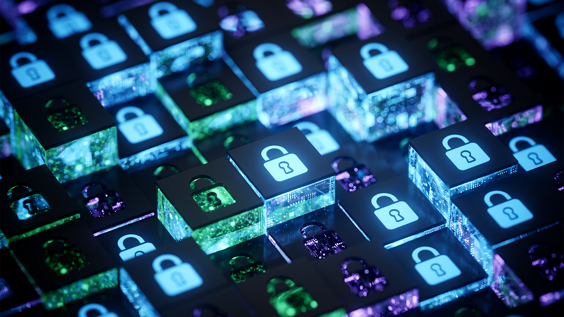 Cybersecurity concept image showing digital data storage modules with padlock symbols in a storage environment.
